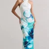 Tropicana | Blue Floral Satin Cross Over Halterneck Maxi Dress