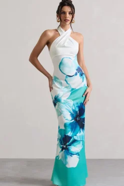 Tropicana | Blue Floral Satin Cross Over Halterneck Maxi Dress