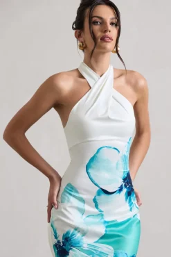 Tropicana | Blue Floral Satin Cross Over Halterneck Maxi Dress