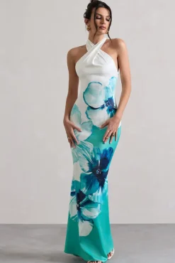 Tropicana | Blue Floral Satin Cross Over Halterneck Maxi Dress