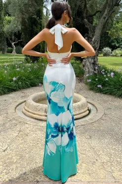 Tropicana | Blue Floral Satin Cross Over Halterneck Maxi Dress