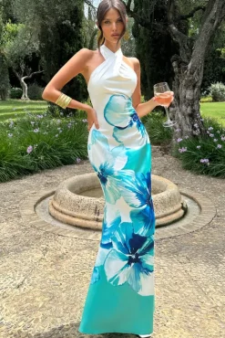 Tropicana | Blue Floral Satin Cross Over Halterneck Maxi Dress