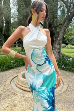 Tropicana | Blue Floral Satin Cross Over Halterneck Maxi Dress