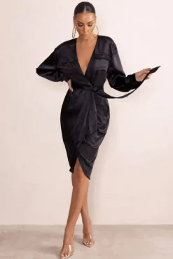 True Romance | Black Satin Plunge Neck Midi Dress With Belt Detail