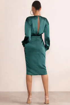 True Romance | Bottle Green Satin Plunge Neck Midi Dress With Belt Detail