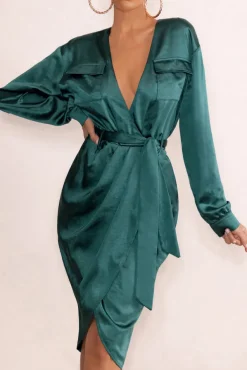 True Romance | Bottle Green Satin Plunge Neck Midi Dress With Belt Detail
