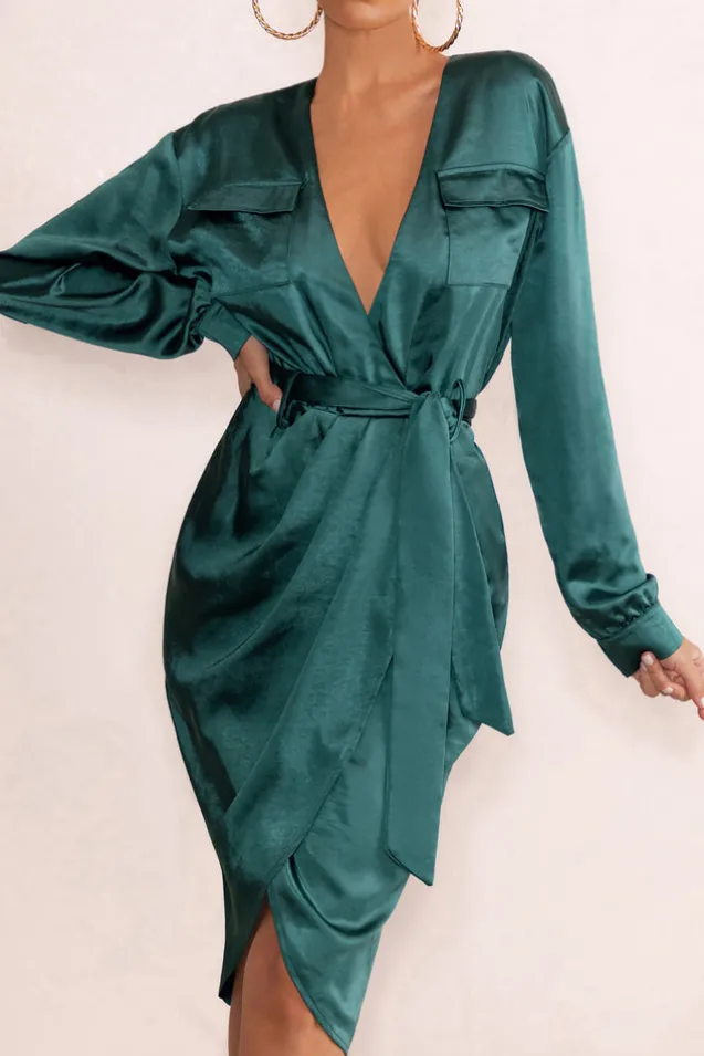 True Romance | Bottle Green Satin Plunge Neck Midi Dress With Belt Detail