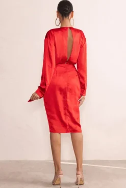 True Romance | Red Satin Plunge Neck Midi Dress With Belt Detail