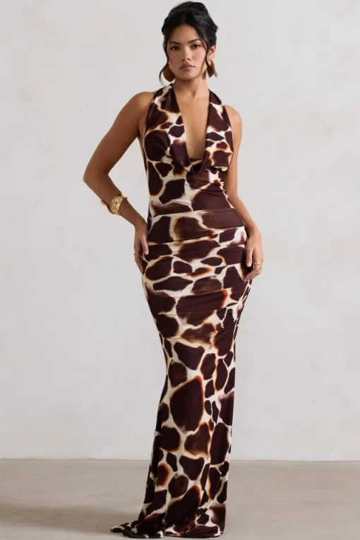 Tulum | Giraffe Print Cowl-Neck Gathered Split Maxi Dress