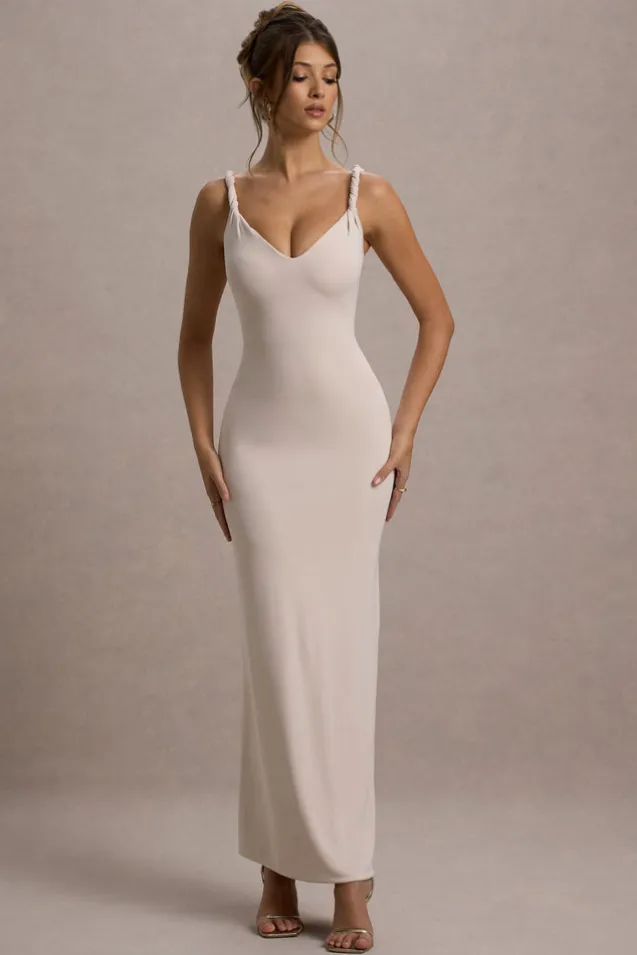 Twist Of Fate | Champagne Twist-Neck Maxi Dress