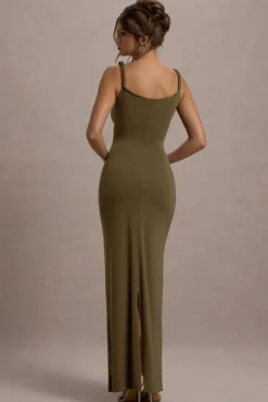 Twist Of Fate | Khaki Green Twist-Neck Maxi Dress