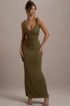 Twist Of Fate | Khaki Green Twist-Neck Maxi Dress