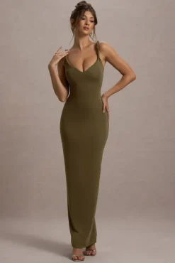 Twist Of Fate | Khaki Green Twist-Neck Maxi Dress