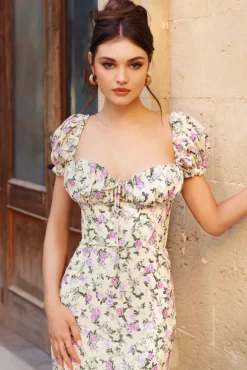 Two Scoops | Yellow Floral Puff-Sleeved Corset Split Midi Dress