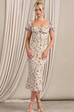 Two Scoops | Yellow Floral Puff-Sleeved Corset Split Midi Dress