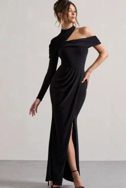 Tyla | Black Asymmetric High-Neck Split Maxi Dress