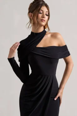 Tyla | Black Asymmetric High-Neck Split Maxi Dress