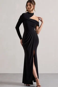 Tyla | Black Asymmetric High-Neck Split Maxi Dress