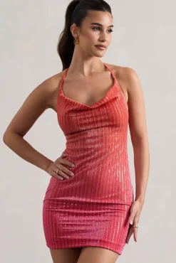 Ultra | Pink u0026 Orange Ombre Sequin Cowl-Neck Mini Dress