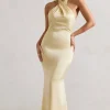 Unbeatable | Lemon Satin Cross Over Halter-Neck Maxi Dress