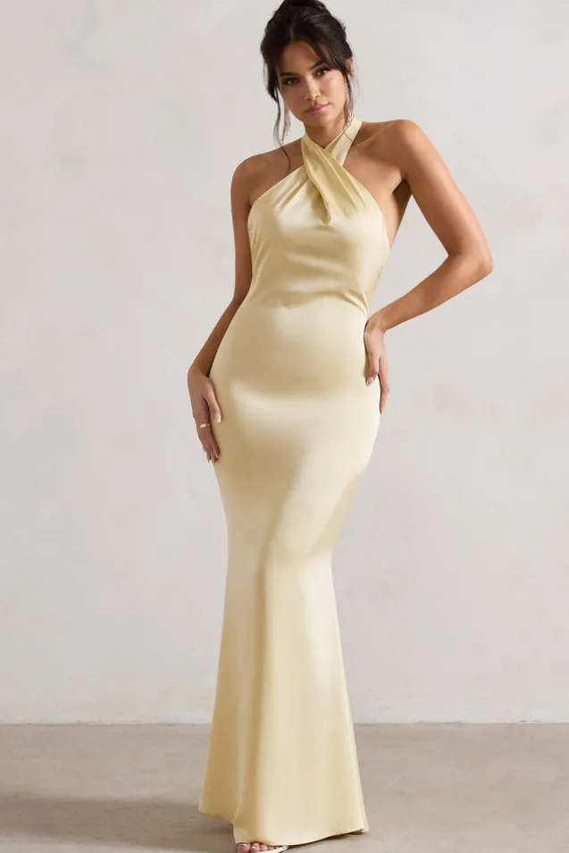 Unbeatable | Lemon Satin Cross Over Halter-Neck Maxi Dress