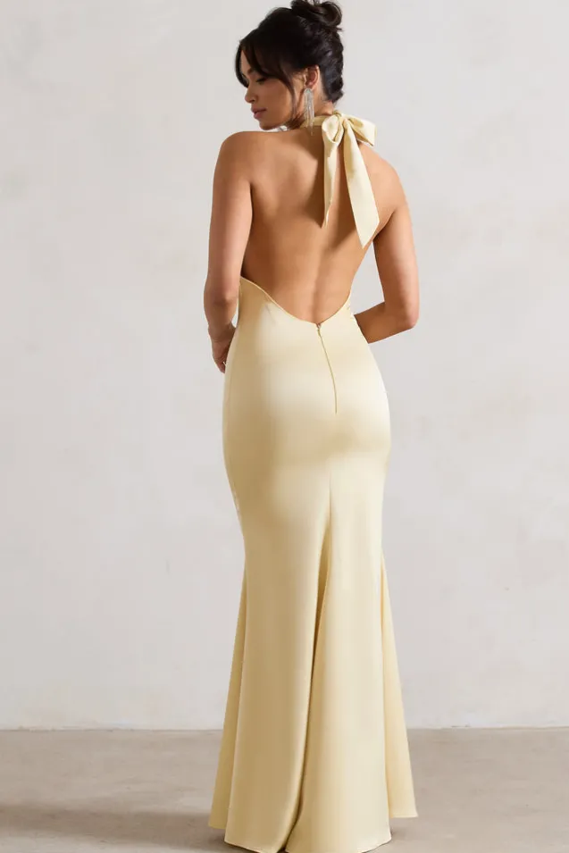 Unbeatable | Lemon Satin Cross Over Halter-Neck Maxi Dress