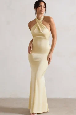 Unbeatable | Lemon Satin Cross Over Halter-Neck Maxi Dress