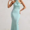 Unbeatable | Mint Green Satin Cross Over Halter-Neck Maxi Dress