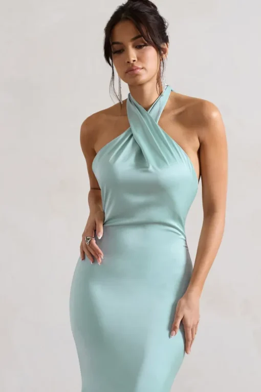 Unbeatable | Mint Green Satin Cross Over Halter-Neck Maxi Dress