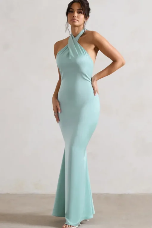 Unbeatable | Mint Green Satin Cross Over Halter-Neck Maxi Dress