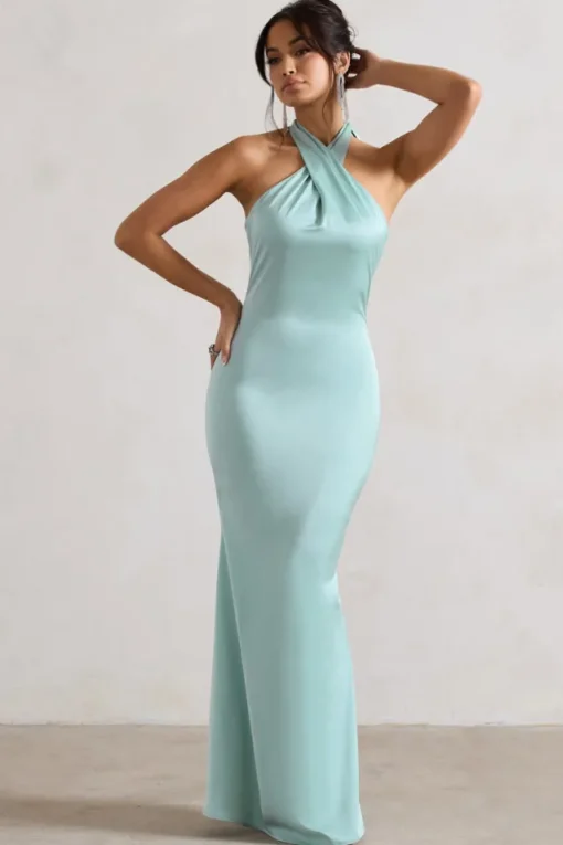 Unbeatable | Mint Green Satin Cross Over Halter-Neck Maxi Dress