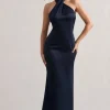 Unbeatable | Navy Satin Cross Over Halterneck Maxi Dress