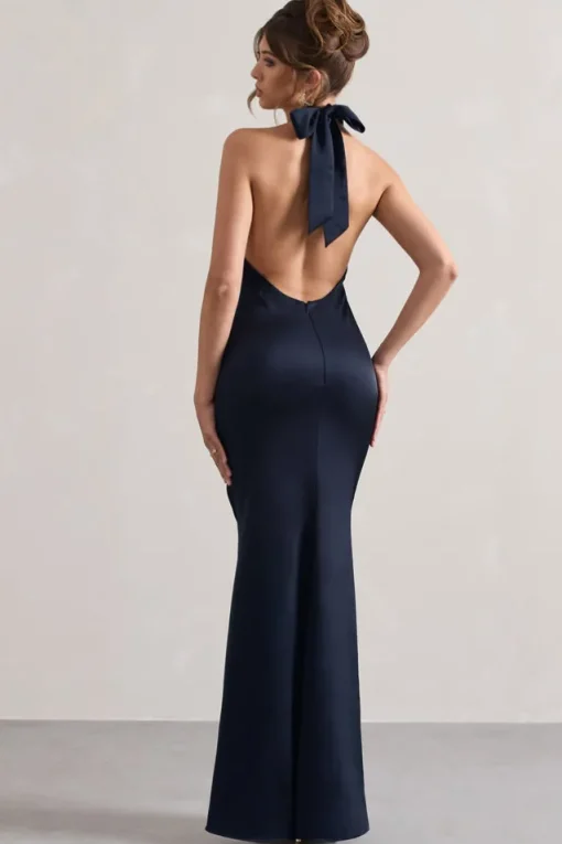 Unbeatable | Navy Satin Cross Over Halterneck Maxi Dress