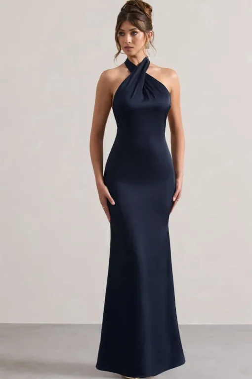 Unbeatable | Navy Satin Cross Over Halterneck Maxi Dress