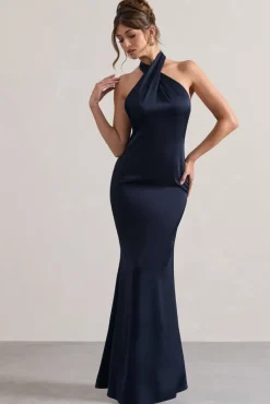 Unbeatable | Navy Satin Cross Over Halterneck Maxi Dress