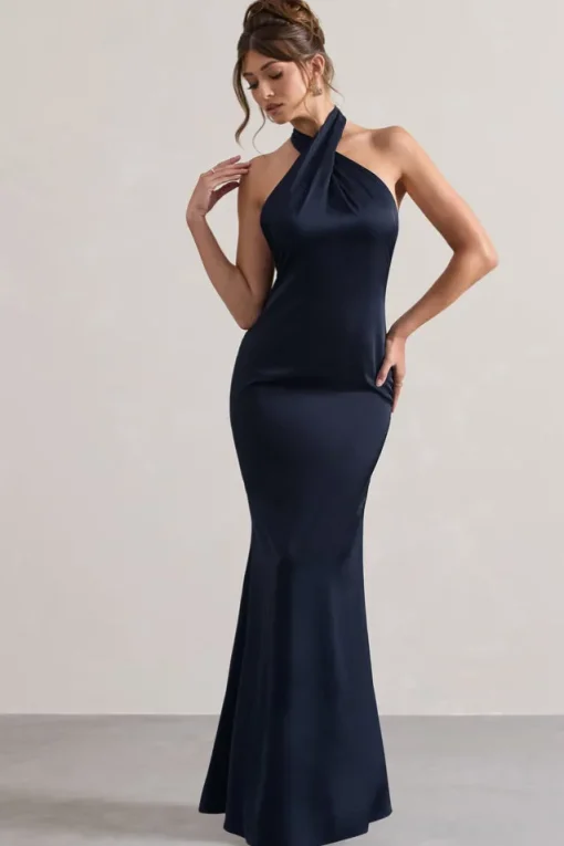 Unbeatable | Navy Satin Cross Over Halterneck Maxi Dress