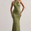 Unbeatable | Olive Satin Cross Over Halter-Neck Maxi Dress
