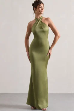 Unbeatable | Olive Satin Cross Over Halter-Neck Maxi Dress
