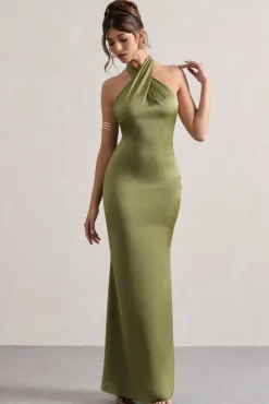 Unbeatable | Olive Satin Cross Over Halter-Neck Maxi Dress