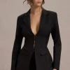 Unbeaten | Black Plunge Corset Waist Blazer