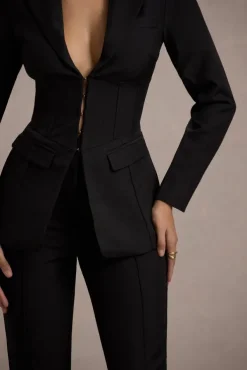 Unbeaten | Black Plunge Corset Waist Blazer
