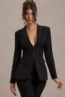 Unbeaten | Black Plunge Corset Waist Blazer