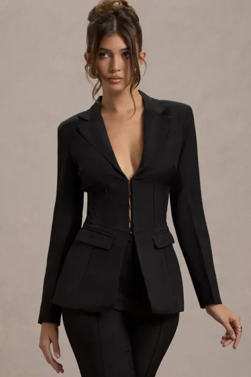 Unbeaten | Black Plunge Corset Waist Blazer