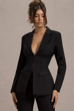 Unbeaten | Black Plunge Corset Waist Blazer