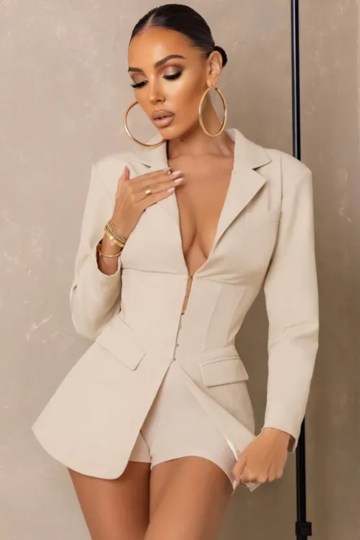 Unbeaten | Cream Plunge Corset Waist Blazer