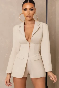 Unbeaten | Cream Plunge Corset Waist Blazer