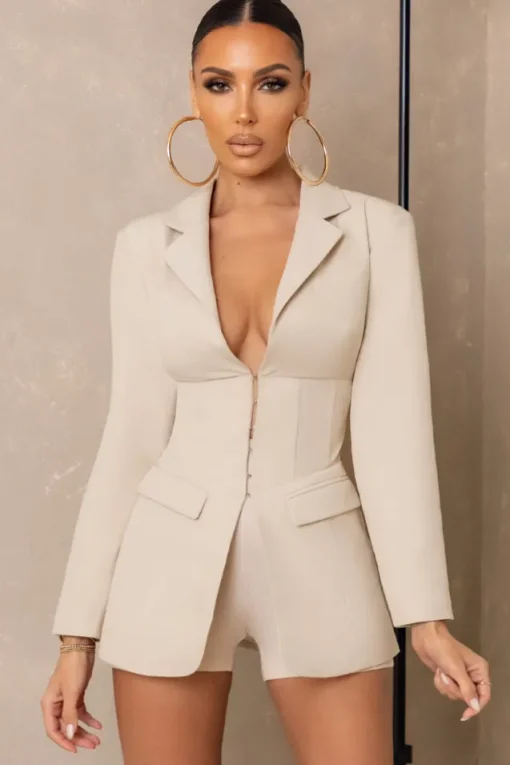 Unbeaten | Cream Plunge Corset Waist Blazer