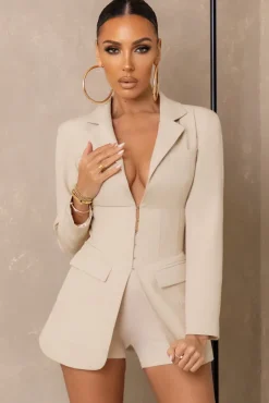 Unbeaten | Cream Plunge Corset Waist Blazer