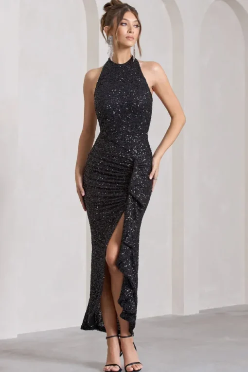 Under The Stars | Black Sequin High-Neck Open-Back Maxi Dress With Drape