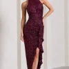 Under The Stars | Plum Sequin High-Neck Open-Back Maxi Dress With Drape